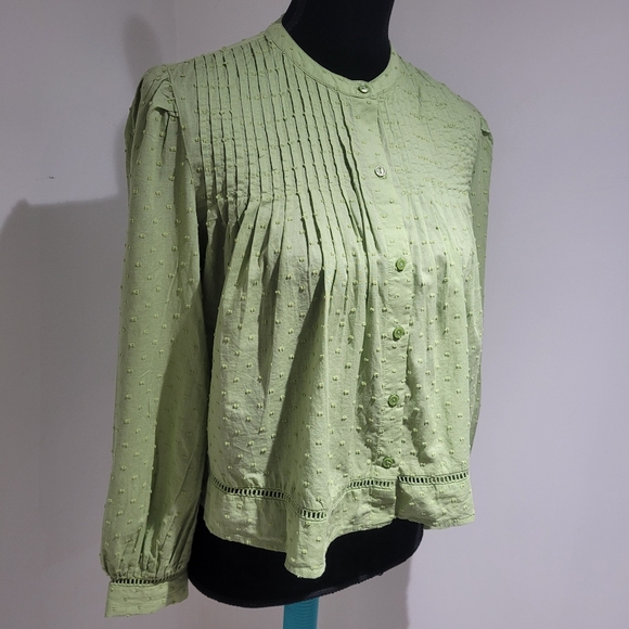 Old Navy Women's Swiss Dot Button-Down Long Sleeve Pintuck Top XS Green Bohemian - Picture 2 of 9